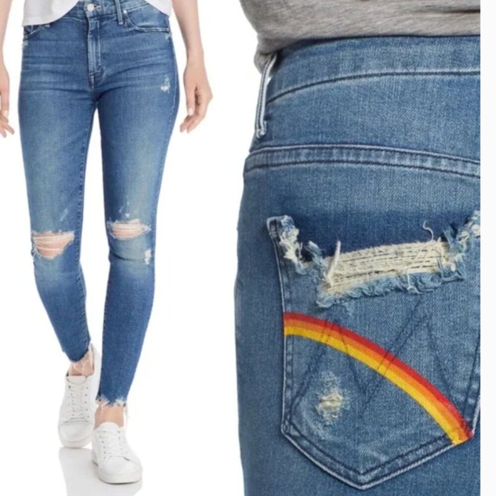 MOTHER high waisted looker ankle chew Learning to Hula blue ripped knee 25